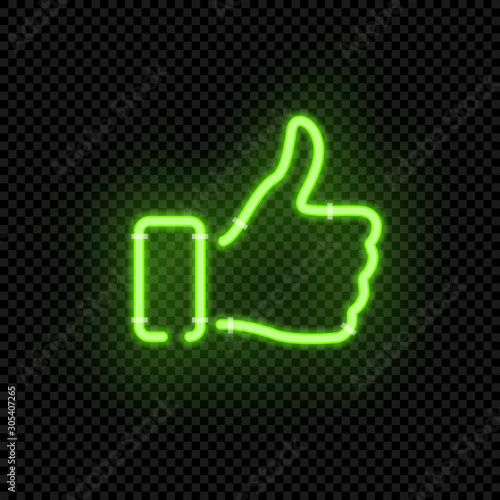 Green Thumb up neon symbol isolated on dark transparent background. Vector design element.
