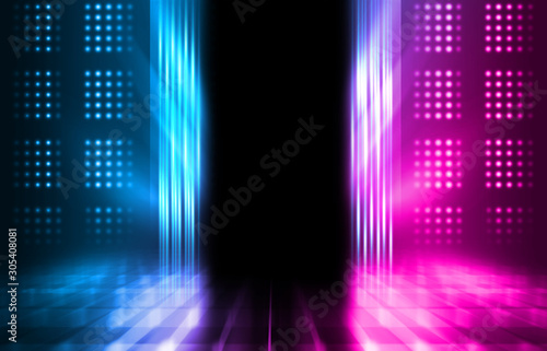 Empty dark abstract background. Background of empty show scene. Glow of neon lights on an empty stage. Dark tunnel © Laura Сrazy