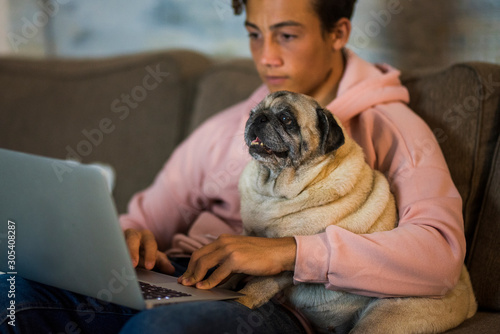 cute and adorable couple of teenager typing and using his laptop or computer pc at home sitting on the sofa hugging a white pug together