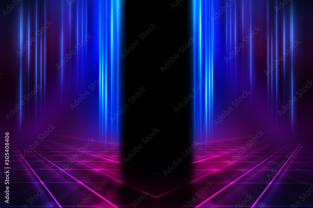 Empty dark abstract background. Background of empty show scene. Glow of neon lights on an empty stage. Dark tunnel Empty dark abstract background. Background of empty show scene. Glow of neon lights on an empty stage. Dark tunnel