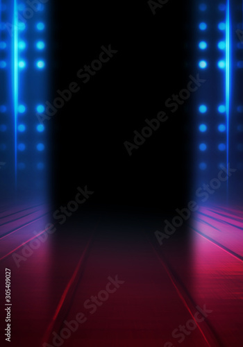 Empty dark abstract background. Background of empty show scene. Glow of neon lights on an empty stage. Dark tunnel