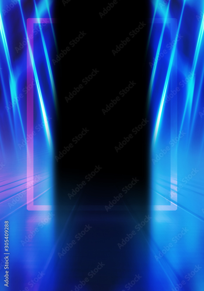 Obraz premium Empty dark abstract background. Background of empty show scene. Glow of neon lights on an empty stage. Dark tunnel