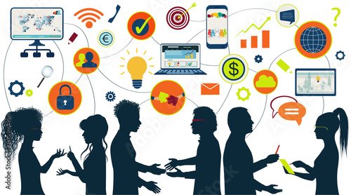 Communication and network isolated multi-ethnic group people. Sharing ideas and technology for the future. Connection and exchange of ideas - data or questions. Upload and download data. Mind Map