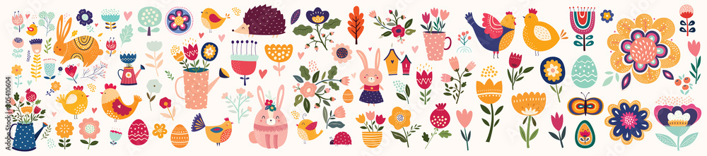 Naklejka Duża kolekcja symboli kwiatów, liści, ptaków, królików i wiosennych