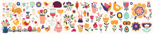 Big collection of flowers, leaves, birds, bunny and spring symbols