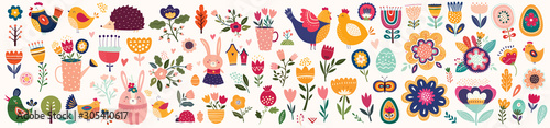 Big collection of flowers, leaves, birds, bunny and spring symbols