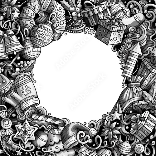 Cartoon cute doodles Happy New Year monochrome frame