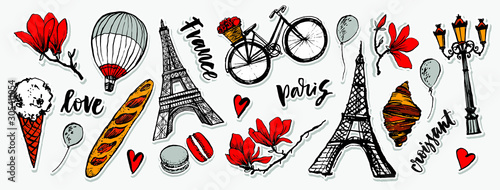 Paris symbols stickers set. Romantic travel in Paris. Baguette, croissant, ice cream, macarons. Magnolia blossom. Embroidery design. Tourism souvenir. Eiffel Tower.