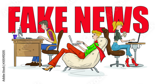 Fake news and and information fabrication concept flat vector illustration of young people using laptop for reading fake posts in social networks and breaking news website