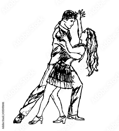 Couple dancing passionate dance. Suitable for argentine tango, samba, mambo and others. Vector illustration, freehand drawing
