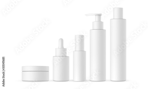Blank cosmetic packaging mock up: jar, dropper, bottle with press pump, small and high bottles. Vector illustration