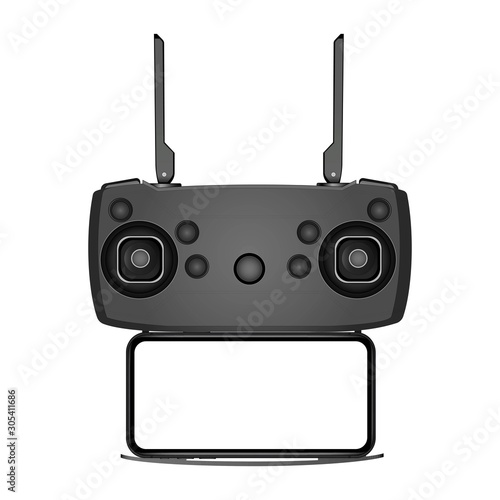 Drone remote control with smartphone mockup isolated on white background. Vector illustration