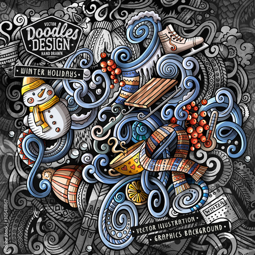 Doodles vector Winter graphics illustration. Colorful wallpaper.