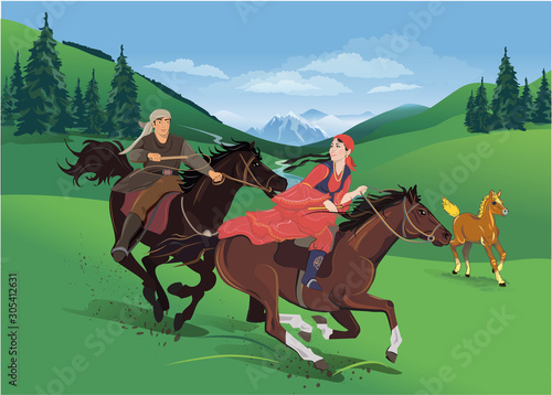 The jumping riders on horses. Spring. Vector illustration.