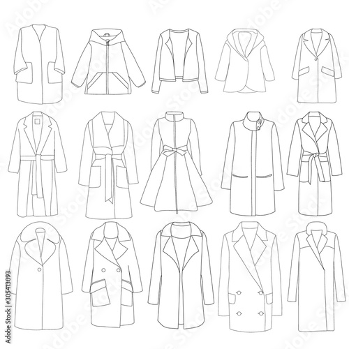 vector, white background, autumn women coat set of sketches