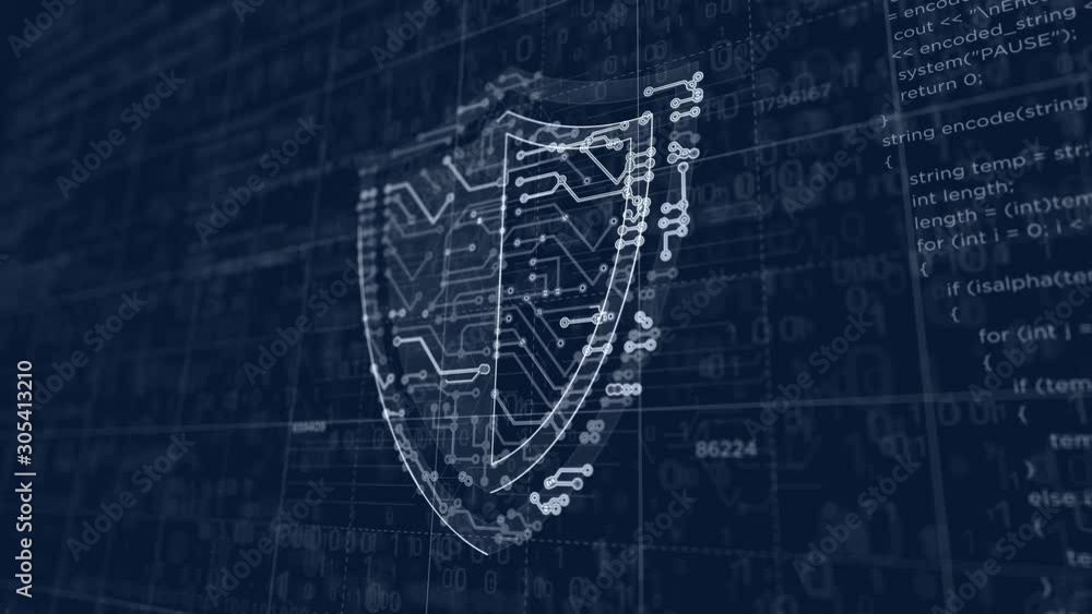 Cyber security shield icon project creating. Abstract concept of internet safety, firewall and computer protection 3d animation. Drawing digital scheme line of futuristic idea.