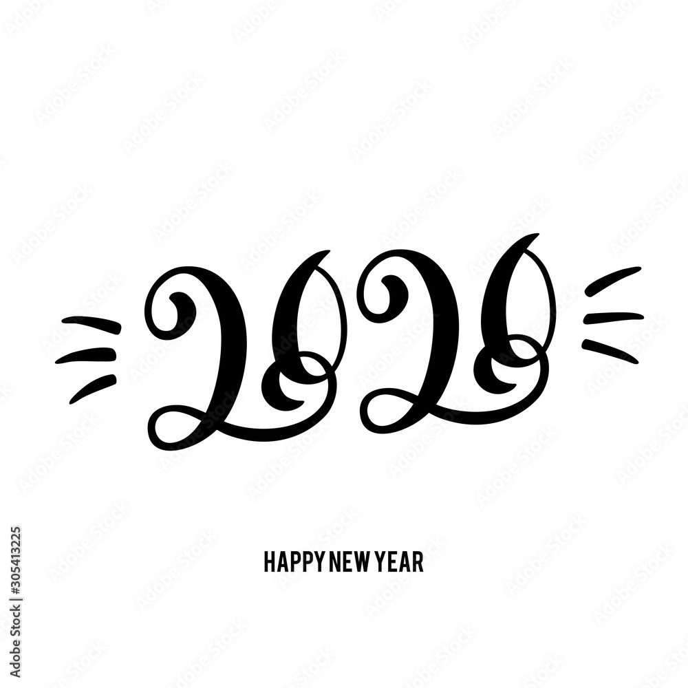 Happy New Year 2020 card with hand drawn lettering.