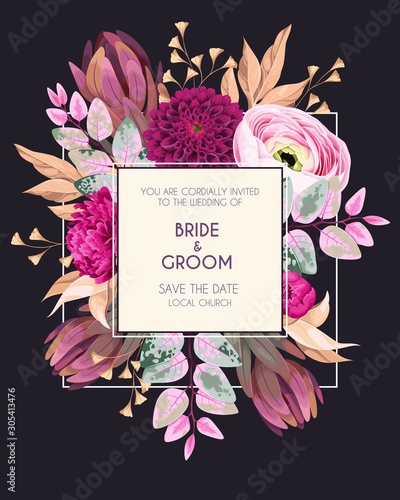 Floral vector card with flowers and greenery