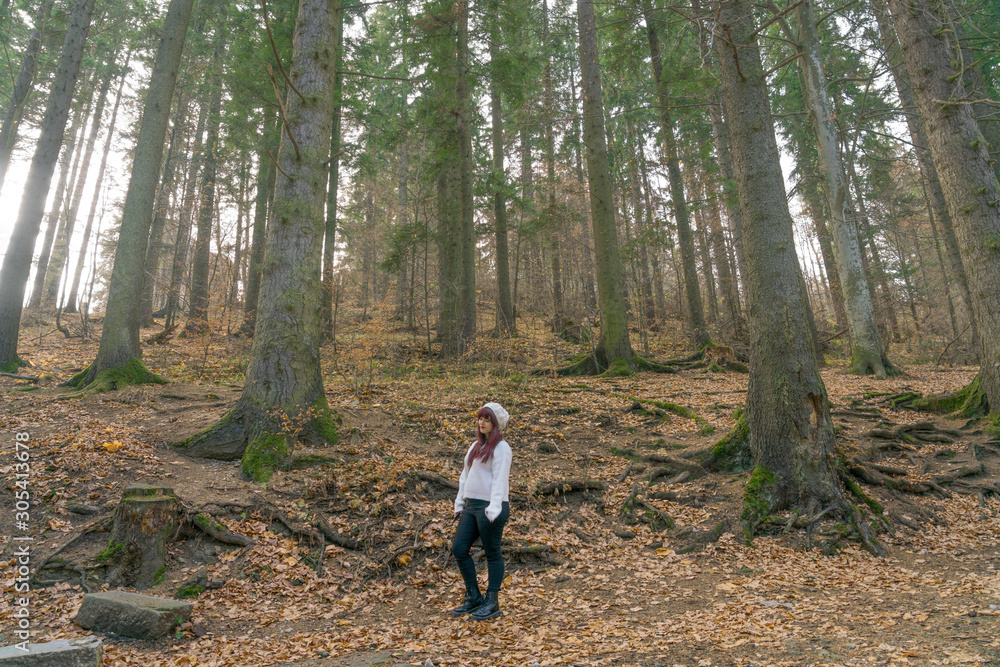 Lifestyle view of a pretty girl with mahogany hair in white pullover and hat, posing in an autumnal, immersive and mystical forest, in Bucegi Natural Park, Romania. Lifestyle view of a pretty girl with mahogany hair in white pullover and hat, posing in an autumnal, immersive and mystical forest, in Bucegi Natural Park, Romania.