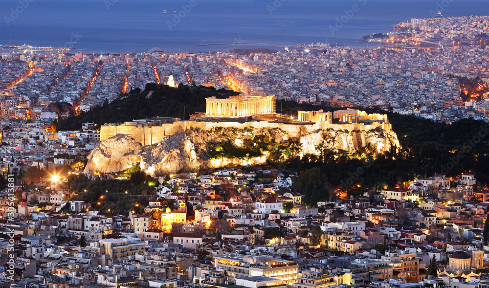 Greece - Athens skyline at night with acropolis