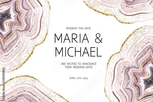 Stylish pink glitter texture card. Gold border.