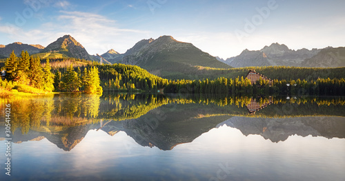 Fototapeta Naklejka Na Ścianę i Meble -  Reflection of mountain lake - Strbske pleso, Slovakia landscape