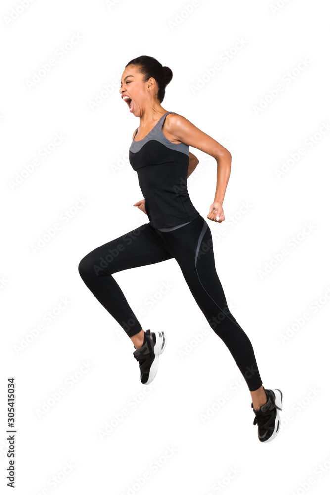 Emotional Black Girl Jumping And Shouting On White Background Emotional Black Girl Jumping And Shouting On White Background