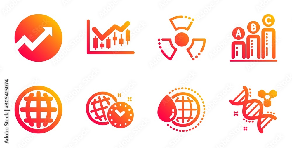 World water, Financial diagram and Time management line icons set. Globe, Graph chart and Audit signs. Chemical hazard, Chemistry dna symbols. Aqua drop, Candlestick chart. Science set. Vector
