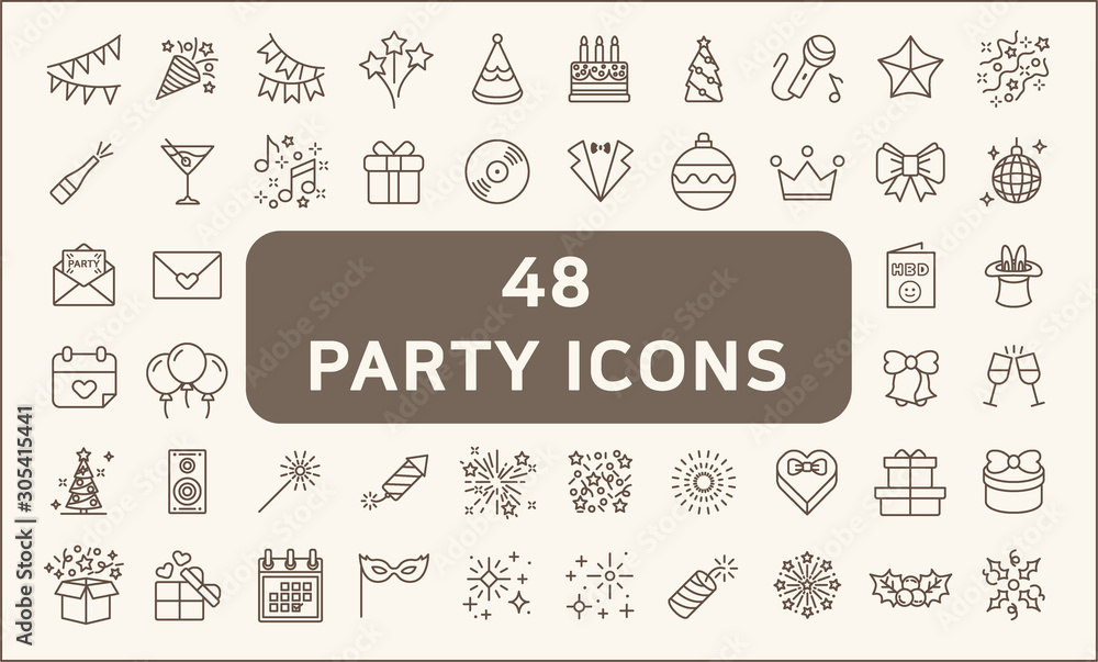   Set of 48 party and holiday Icons line style. Included the icons as balloons, birthday, music, firework, gift,decoration  and more. customize color, stroke width control , easy resize.