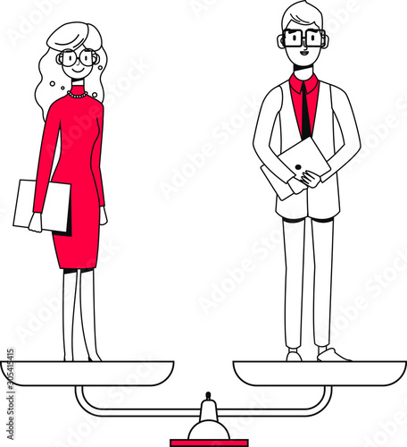 Man and woman are equal, business gender equality concept, equality of the sexes. Equal work equal pay. Modern flat vector illustration.