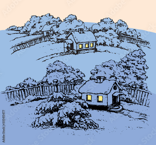 The village in winter. Vector drawing
