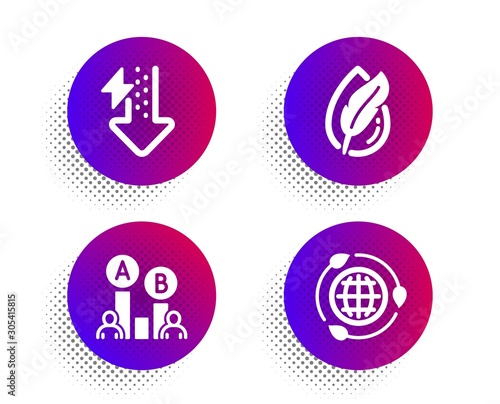 Ab testing, Energy drops and Hypoallergenic tested icons simple set. Halftone dots button. Eco energy sign. Test chart, Power usage, Feather. Ecology. Science set. Classic flat ab testing icon. Vector