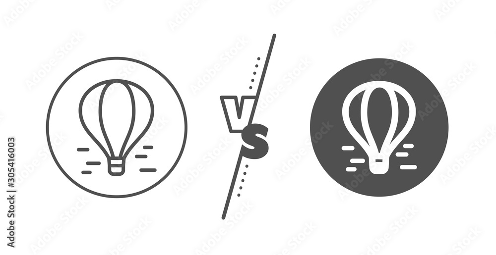 Flight transport with basket sign. Versus concept. Air balloon line icon. Amusement park symbol. Line vs classic air balloon icon. Vector