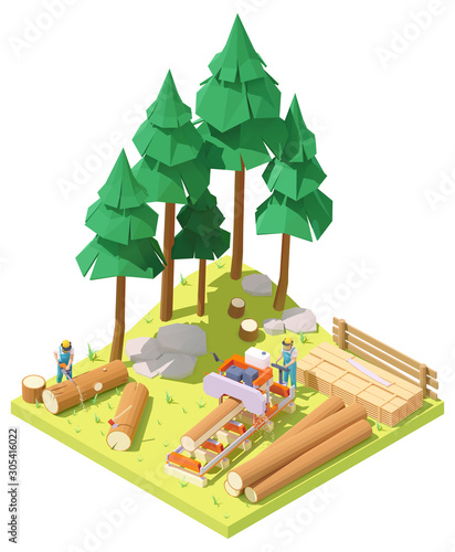 Vector isometric portable sawmill in forest. Man or woodcutter cutting large tree trunk to planks with sawmill. Lumberjack cutting tree with chainsaw