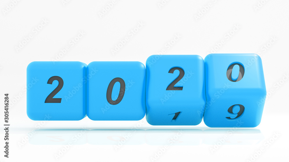 2020 New year change, turn. 2020 start 2019 end, blue dice isolated against white background. 3d illustration 2020 New year change, turn. 2020 start 2019 end, blue dice isolated against white background. 3d illustration