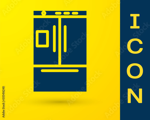 Blue Refrigerator icon isolated on yellow background. Fridge freezer refrigerator. Household tech and appliances. Vector Illustration