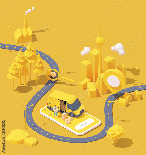 Vector parcel and mail delivery service and tracking app illustration, Smartphone with yellow delivery truck, delivery courier holding cardboard box, road from factory to home. Supply chain