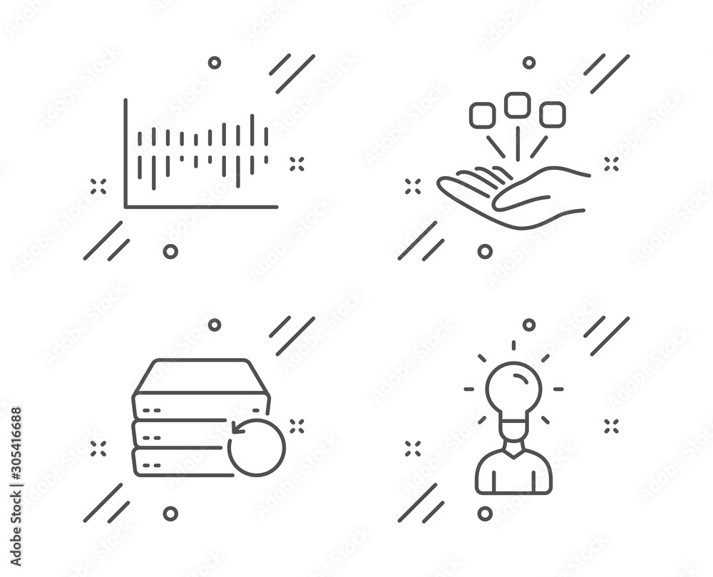 Recovery server, Consolidation and Column diagram line icons set. Education sign. Backup data, Strategy, Sale statistics. Human idea. Science set. Line recovery server outline icon. Vector