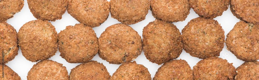 seamless pattern of delicious fresh cooked falafel balls on white background, panoramic shot seamless pattern of delicious fresh cooked falafel balls on white background, panoramic shot