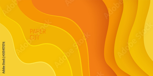Yellow paper cut banner with 3D slime abstract background and yellow waves layers. Abstract layout design for brochure and flyer. Paper art vector illustration