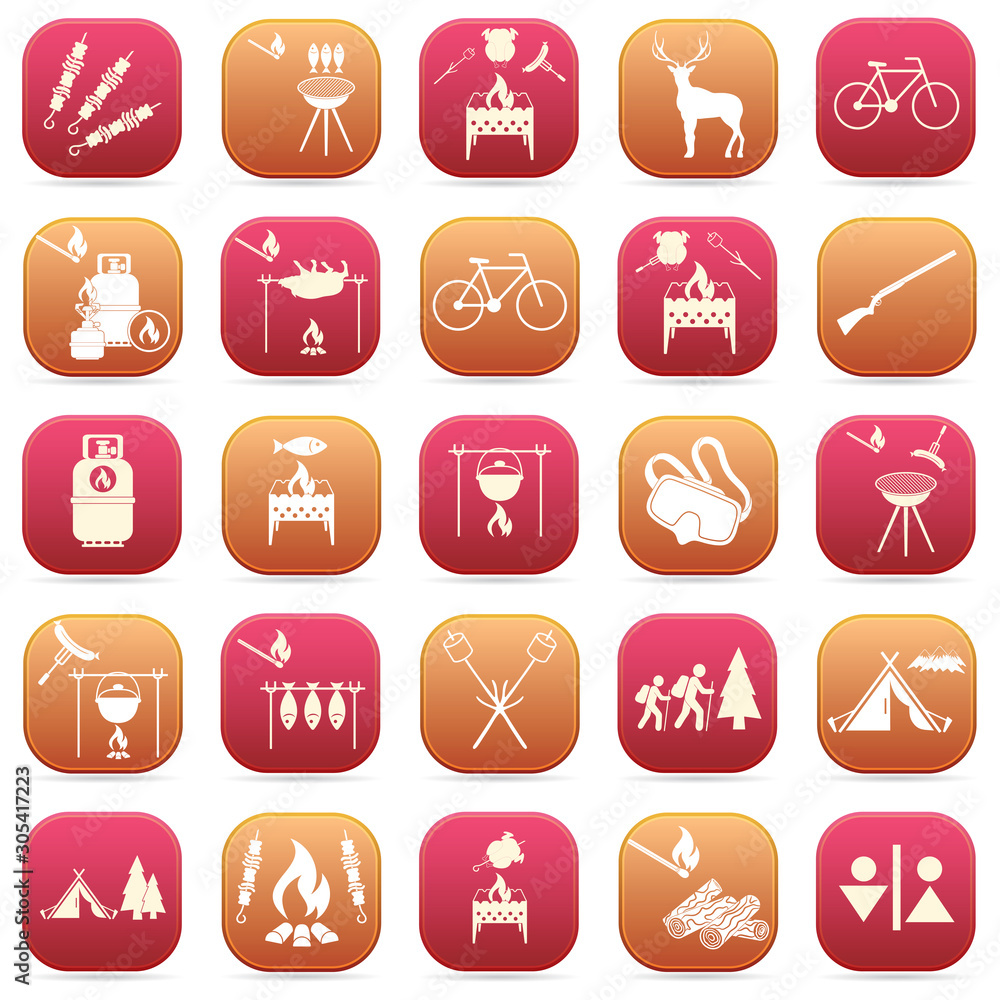 Set of travel and camping equipment icons Set of travel and camping equipment icons