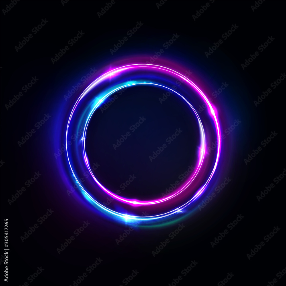Circle abstract background, glowing neon lights, round portal. Vector. Pink blue and purple glow rings. Circular light frame, ultraviolet. - obrazy, fototapety, plakaty 
