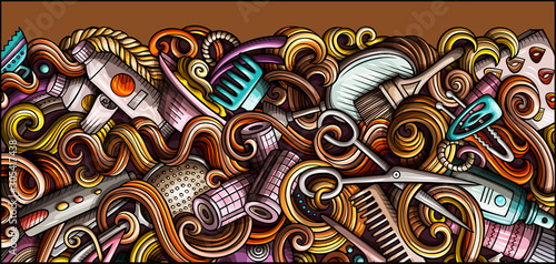 Hair salon hand drawn doodle banner. Cartoon detailed illustrations.