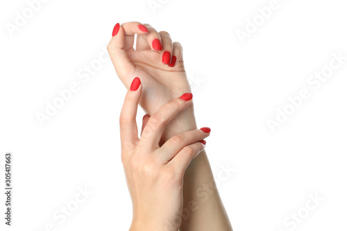 Woman hands, stylish red manicure isolated on white background, closeup. Healthcare concept