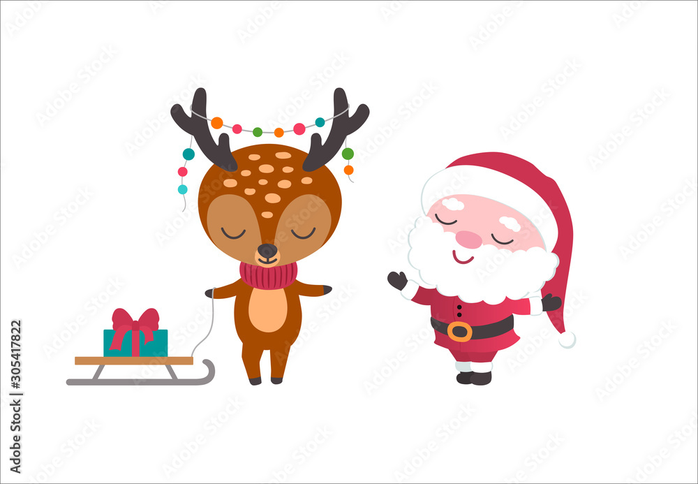 Cute Santa Claus and deer cartoon characters.