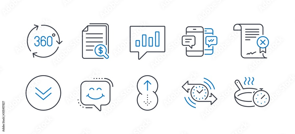 Set of Technology icons, such as Financial documents, Timer, Smartphone sms, Reject certificate, Scroll down, Smile chat, 360 degree, Analytical chat, Swipe up, Frying pan line icons. Vector Set of Technology icons, such as Financial documents, Timer, Smartphone sms, Reject certificate, Scroll down, Smile chat, 360 degree, Analytical chat, Swipe up, Frying pan line icons. Vector
