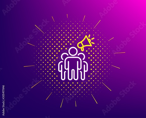 Brand ambassador line icon. Halftone pattern. Holding megaphone sign. Advertisement device symbol. Gradient background. Brand ambassador line icon. Yellow halftone pattern. Vector photo