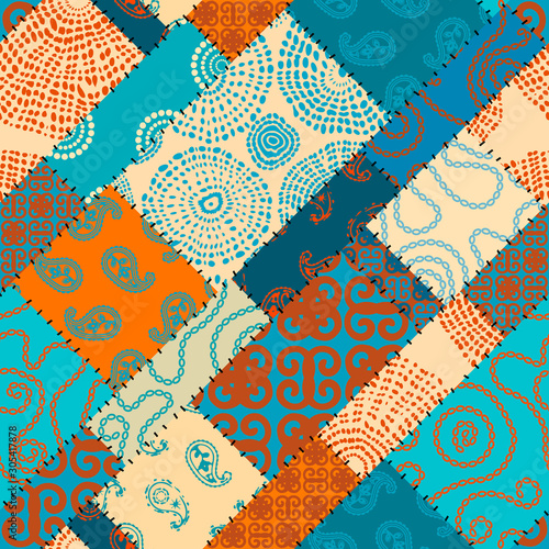 Seamless background pattern. Patchwork pattern in indian style. Vector image