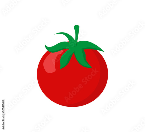 Red whole tomato with green leaves on white isolated background. Flat design. Summer vegetable