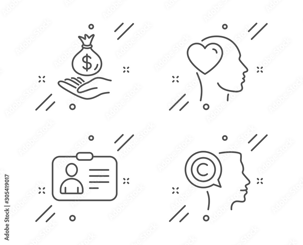 Obraz premium Id card, Friend and Income money line icons set. Writer sign. Human document, Love, Savings. Copyrighter. People set. Line id card outline icon. Vector
